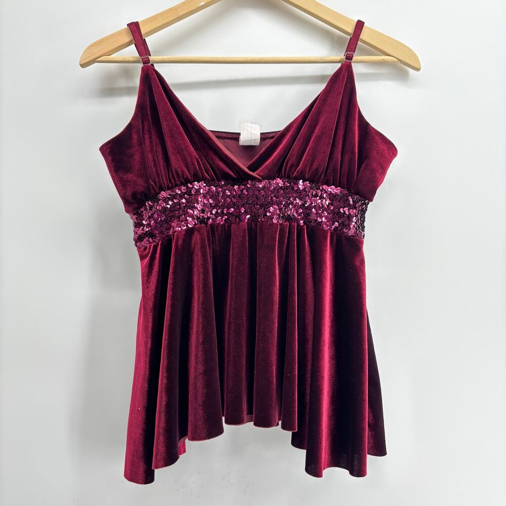 Vintage y2k Velvet Babydoll Top Large Red Sequin Coquette Glam Whimsigoth USA